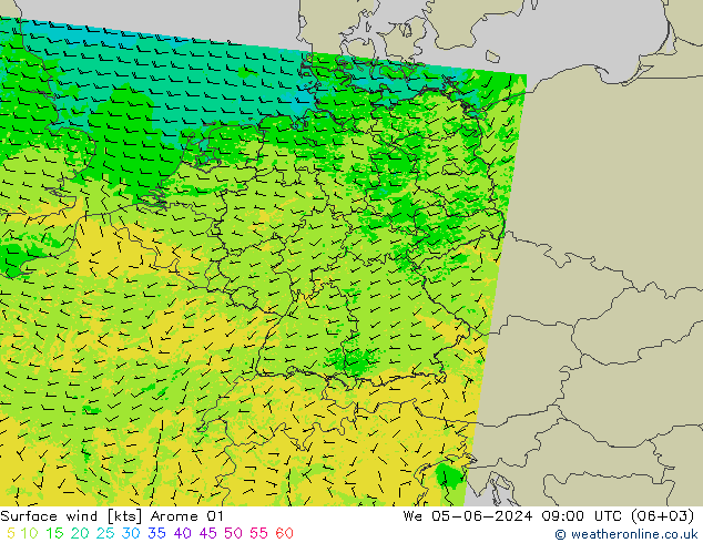 风 10 米 Arome 01 星期三 05.06.2024 09 UTC