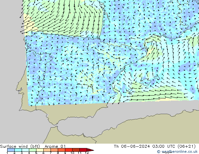 Surface wind (bft) Arome 01 Čt 06.06.2024 03 UTC