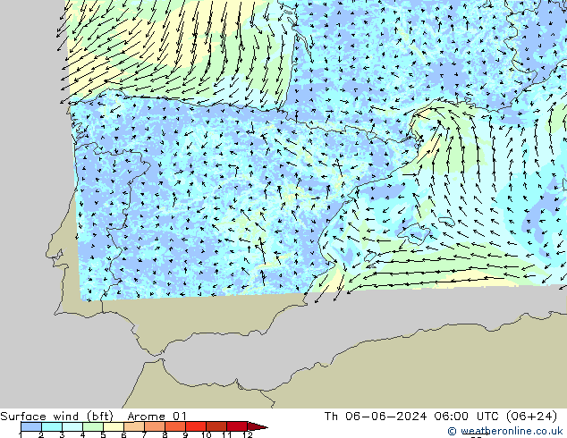 Wind 10 m (bft) Arome 01 do 06.06.2024 06 UTC