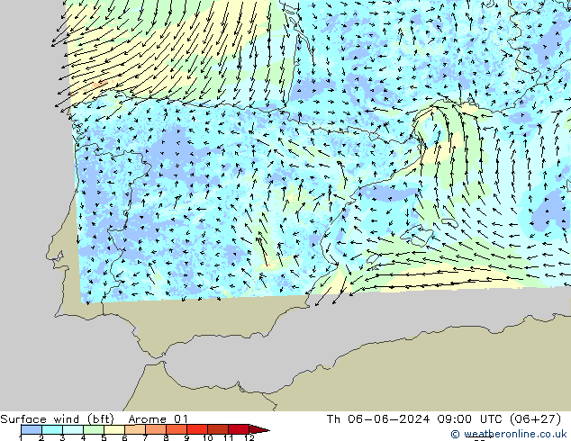 Surface wind (bft) Arome 01 Th 06.06.2024 09 UTC