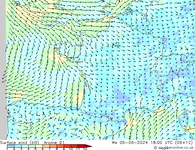 Bodenwind (bft) Arome 01 Mi 05.06.2024 18 UTC