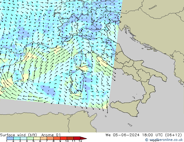 Surface wind (bft) Arome 01 We 05.06.2024 18 UTC