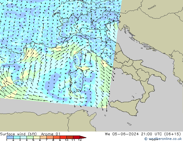 Surface wind (bft) Arome 01 We 05.06.2024 21 UTC