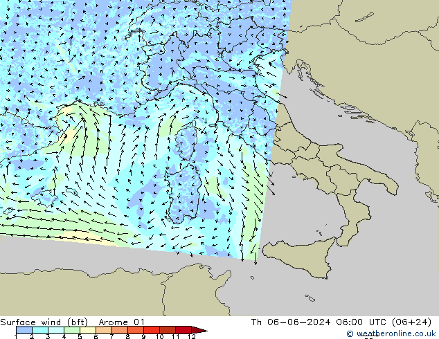 Vent 10 m (bft) Arome 01 jeu 06.06.2024 06 UTC