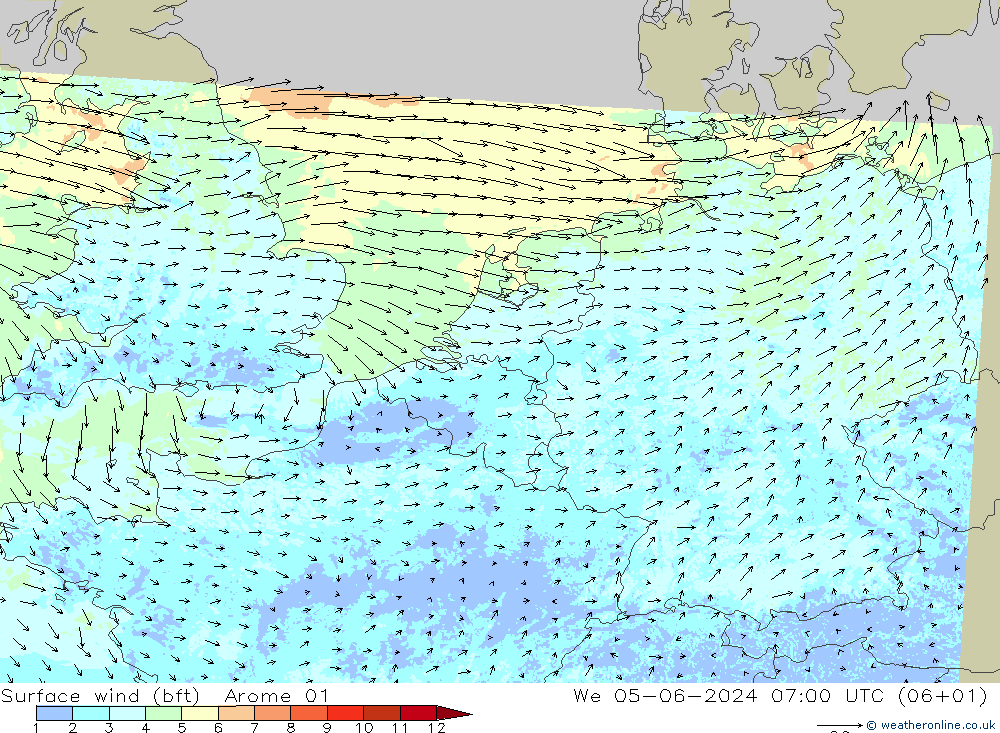 Surface wind (bft) Arome 01 We 05.06.2024 07 UTC