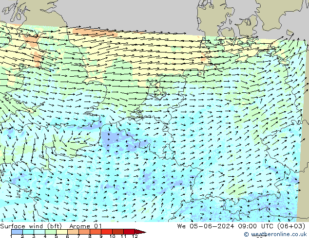 Bodenwind (bft) Arome 01 Mi 05.06.2024 09 UTC