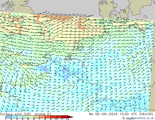 Surface wind (bft) Arome 01 We 05.06.2024 12 UTC