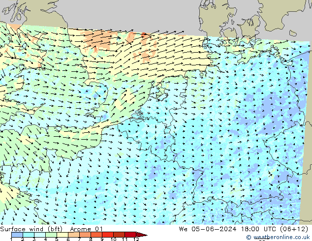 Surface wind (bft) Arome 01 St 05.06.2024 18 UTC