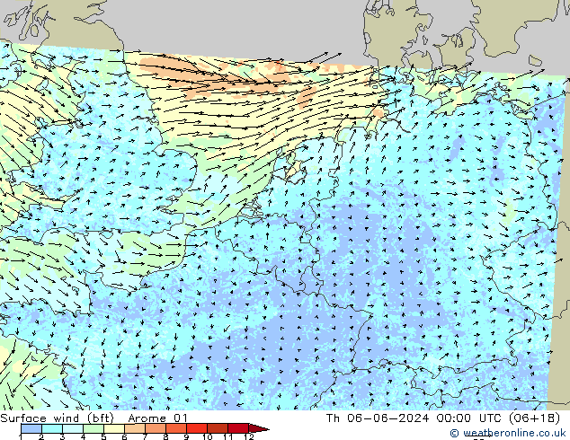 Vent 10 m (bft) Arome 01 jeu 06.06.2024 00 UTC