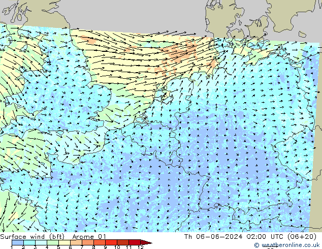 Rüzgar 10 m (bft) Arome 01 Per 06.06.2024 02 UTC