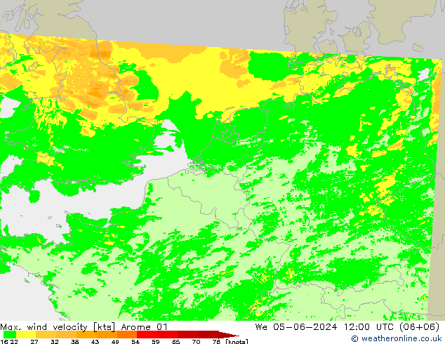 Max. wind velocity Arome 01 Qua 05.06.2024 12 UTC