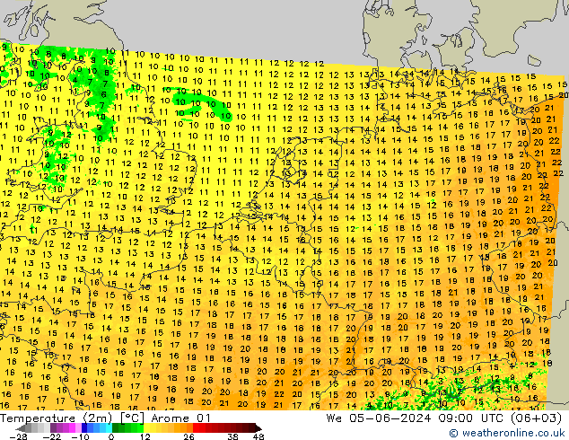 Temperatura (2m) Arome 01 Qua 05.06.2024 09 UTC