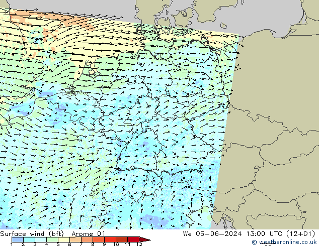 Vent 10 m (bft) Arome 01 mer 05.06.2024 13 UTC