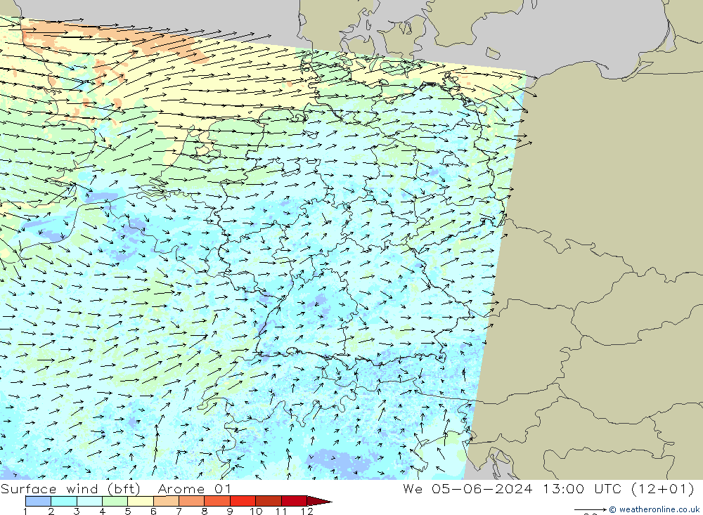  10 m (bft) Arome 01  05.06.2024 13 UTC