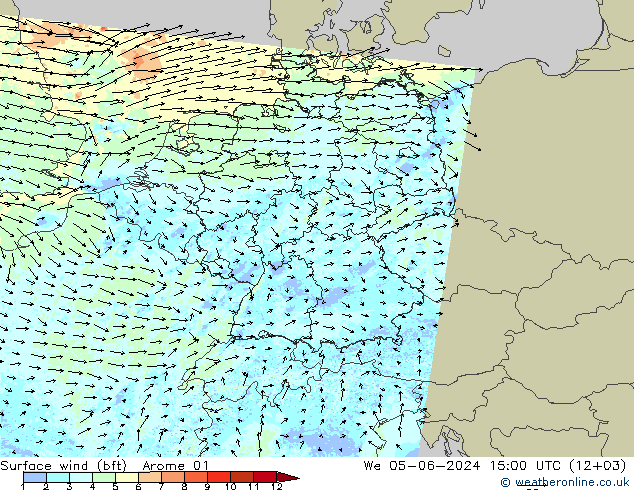 wiatr 10 m (bft) Arome 01 śro. 05.06.2024 15 UTC