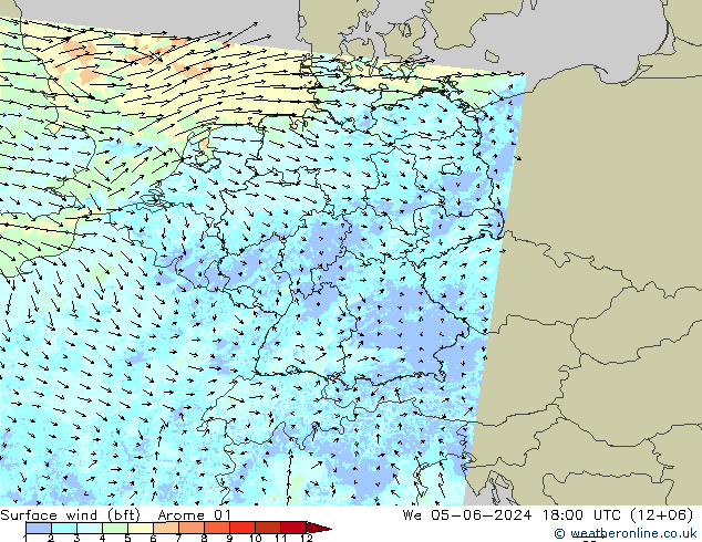 Vent 10 m (bft) Arome 01 mer 05.06.2024 18 UTC