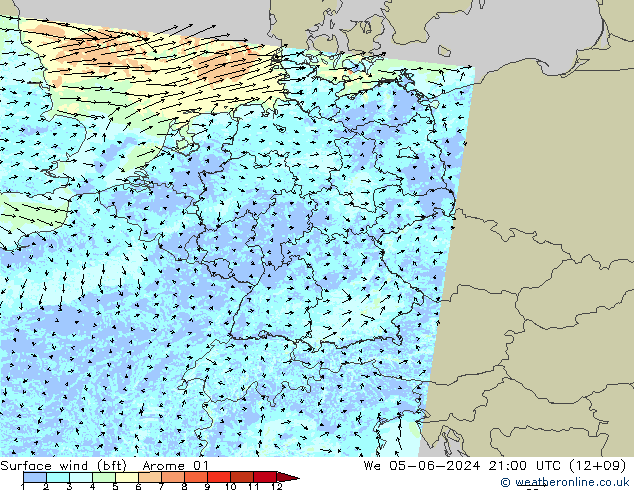 Bodenwind (bft) Arome 01 Mi 05.06.2024 21 UTC