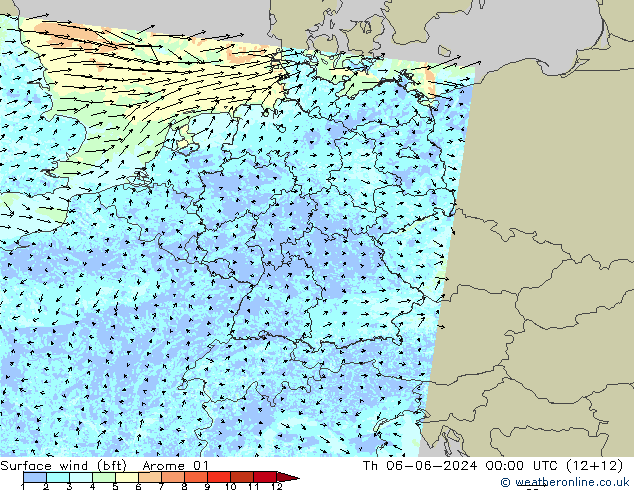 �N 10 米 (bft) Arome 01 星期四 06.06.2024 00 UTC