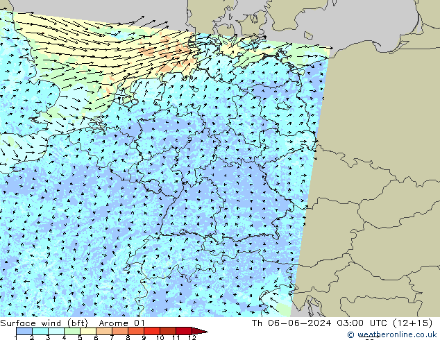 wiatr 10 m (bft) Arome 01 czw. 06.06.2024 03 UTC