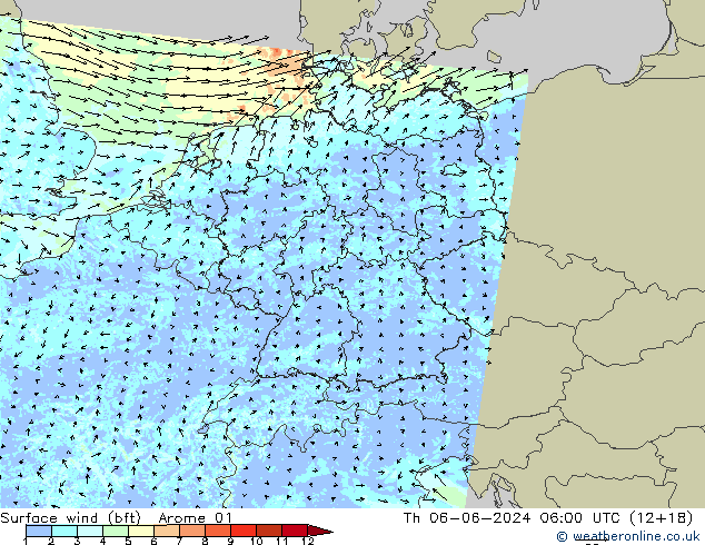Rüzgar 10 m (bft) Arome 01 Per 06.06.2024 06 UTC