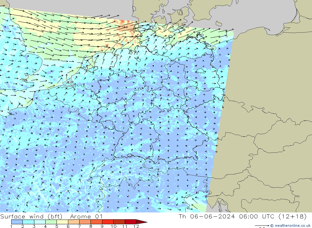 Surface wind (bft) Arome 01 Th 06.06.2024 06 UTC