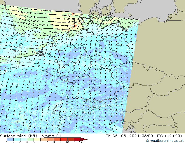 Surface wind (bft) Arome 01 Čt 06.06.2024 08 UTC