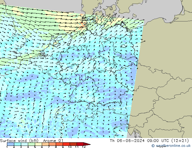 Surface wind (bft) Arome 01 Čt 06.06.2024 09 UTC