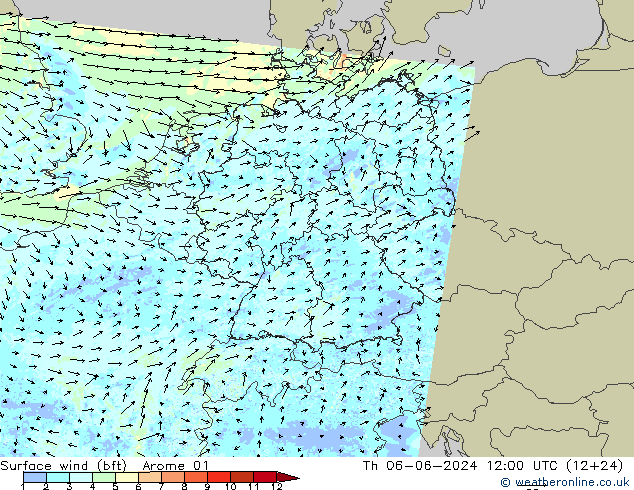 Wind 10 m (bft) Arome 01 do 06.06.2024 12 UTC