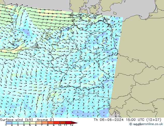 Surface wind (bft) Arome 01 Th 06.06.2024 15 UTC