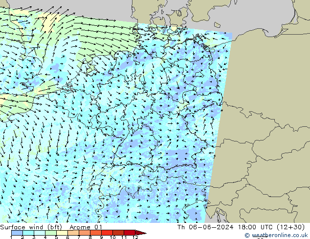 Viento 10 m (bft) Arome 01 jue 06.06.2024 18 UTC