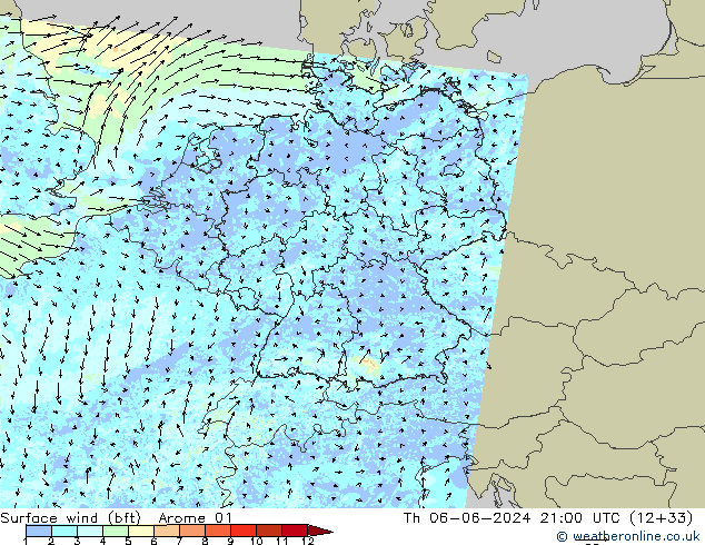 Wind 10 m (bft) Arome 01 do 06.06.2024 21 UTC