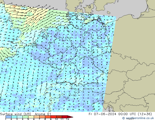 Rüzgar 10 m (bft) Arome 01 Cu 07.06.2024 00 UTC