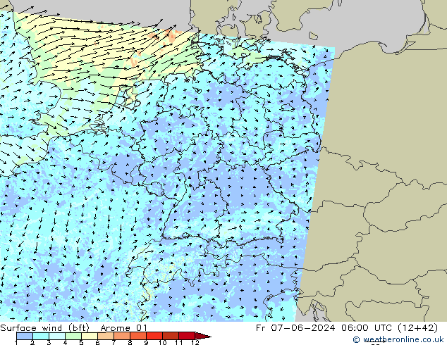 Wind 10 m (bft) Arome 01 vr 07.06.2024 06 UTC