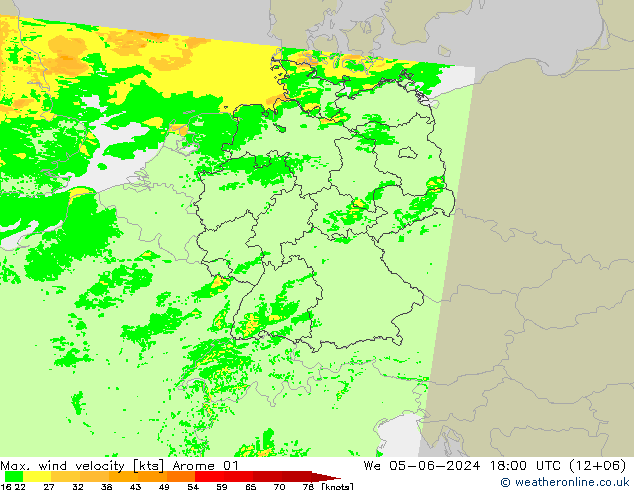 Max. wind velocity Arome 01 Qua 05.06.2024 18 UTC