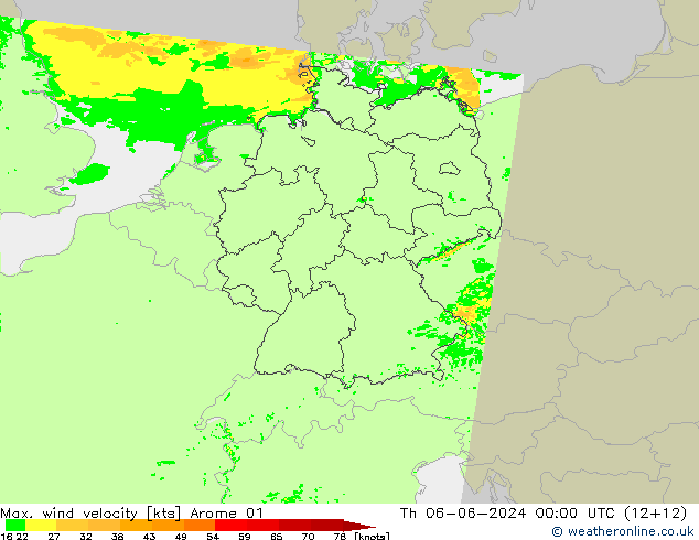 Max. wind velocity Arome 01 Th 06.06.2024 00 UTC