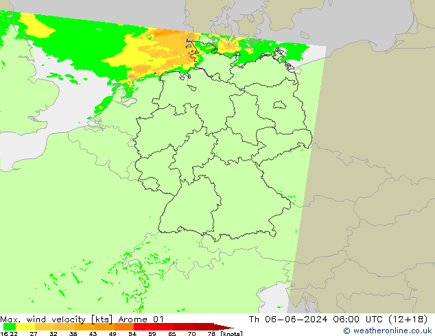 Max. wind velocity Arome 01 Th 06.06.2024 06 UTC