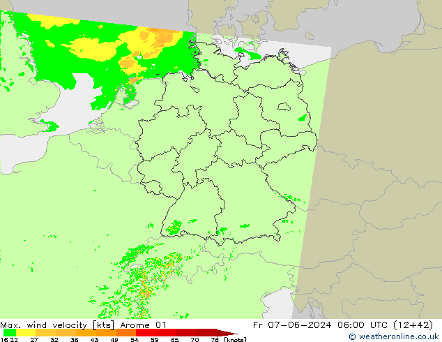 Max. wind snelheid Arome 01 vr 07.06.2024 06 UTC