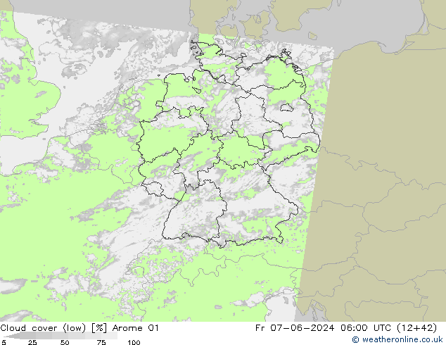 Cloud cover (low) Arome 01 Fr 07.06.2024 06 UTC