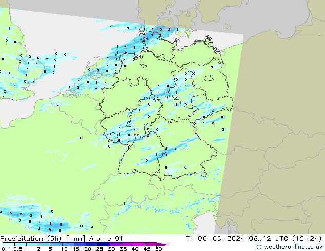 Precipitation (6h) Arome 01 Čt 06.06.2024 12 UTC