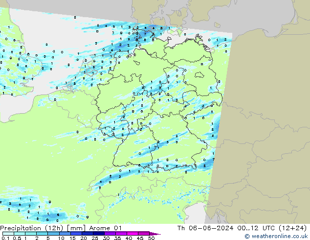 Precipitation (12h) Arome 01 Čt 06.06.2024 12 UTC