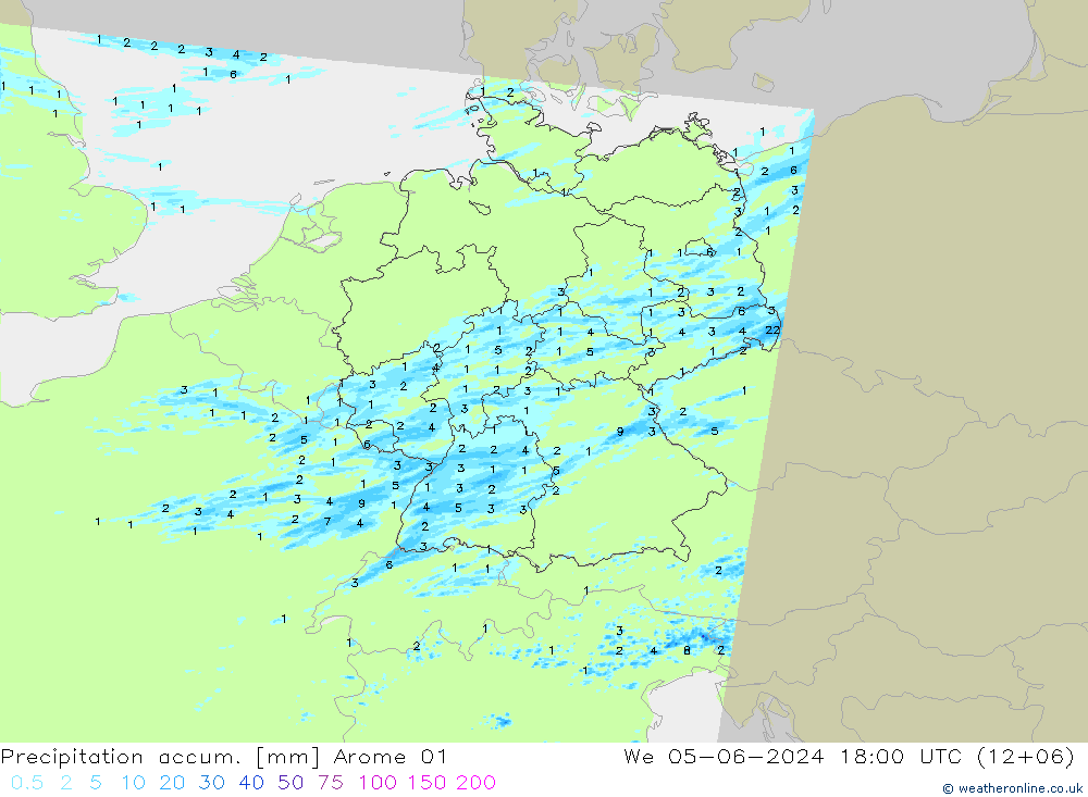 Precipitation accum. Arome 01 We 05.06.2024 18 UTC