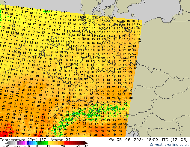 température (2m) Arome 01 mer 05.06.2024 18 UTC