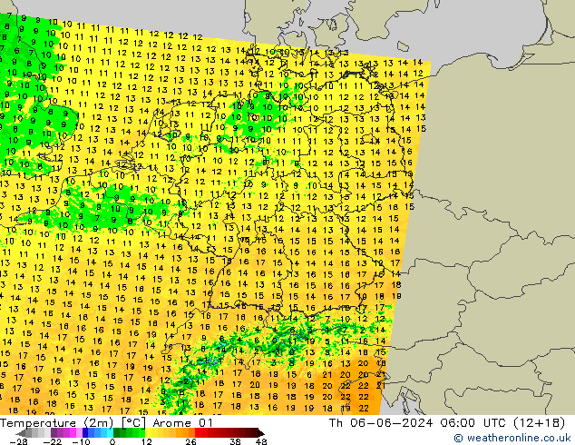 карта температуры Arome 01 чт 06.06.2024 06 UTC