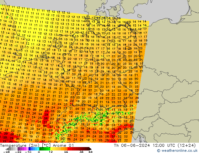 Temperatuurkaart (2m) Arome 01 do 06.06.2024 12 UTC