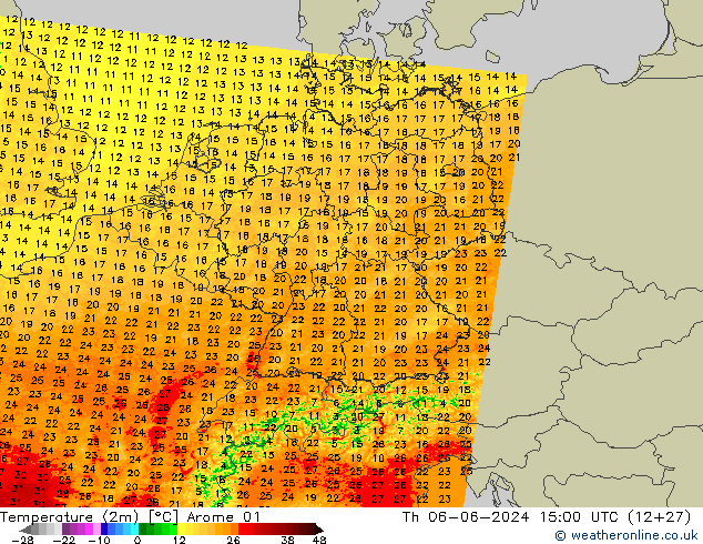 Temperatura (2m) Arome 01 jue 06.06.2024 15 UTC