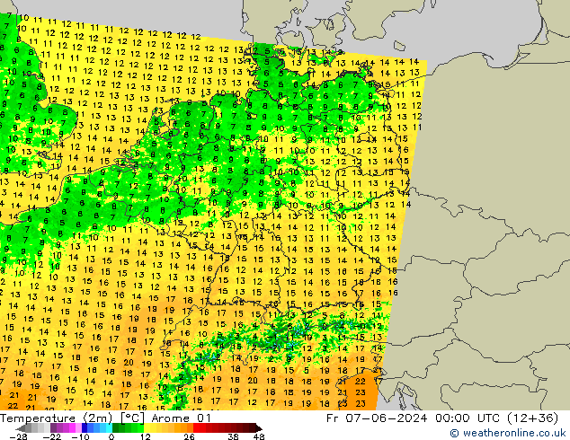 mapa temperatury (2m) Arome 01 pt. 07.06.2024 00 UTC