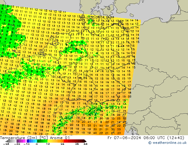 Sıcaklık Haritası (2m) Arome 01 Cu 07.06.2024 06 UTC
