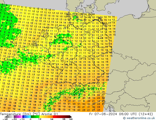 Temperature (2m) Arome 01 Pá 07.06.2024 06 UTC