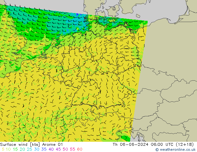 Vento 10 m Arome 01 gio 06.06.2024 06 UTC