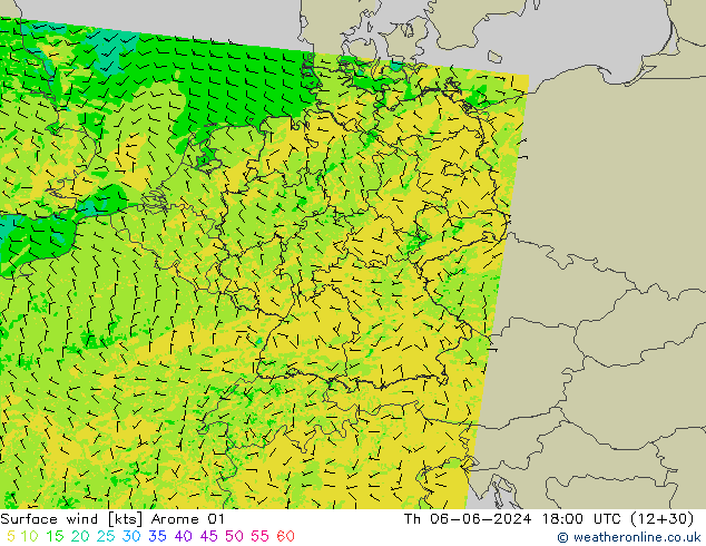 Surface wind Arome 01 Th 06.06.2024 18 UTC